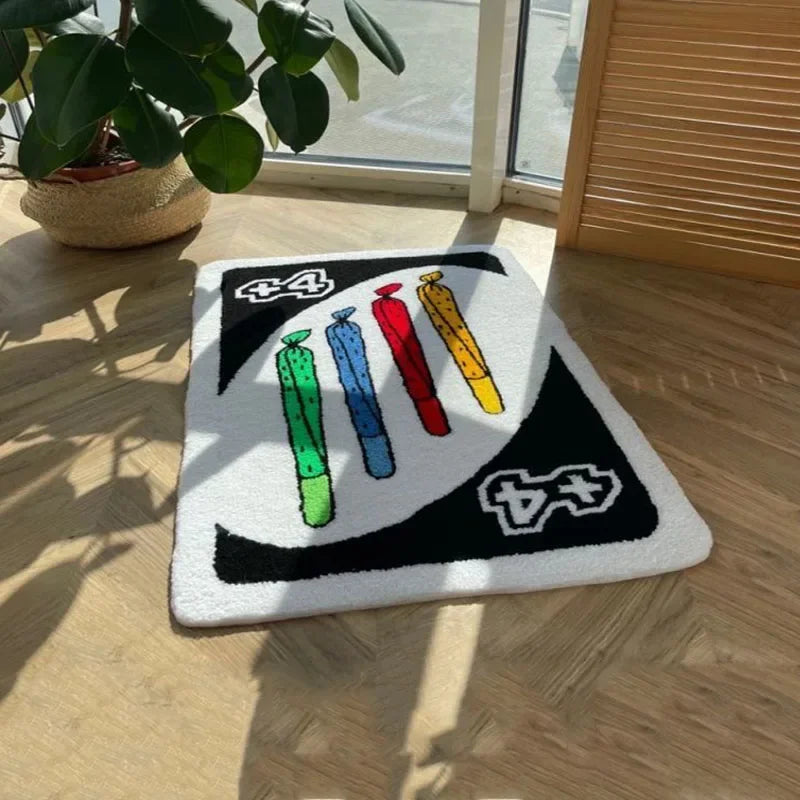 Uno Inspired +4 Tufted Rug – Funny Game Card Plush Floor Mat