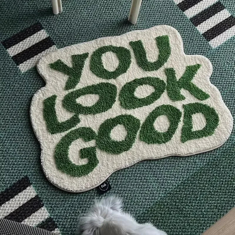 “You Look Good" Tufted Rug – Black and White Floor Mat for Bedroom or Bathroom