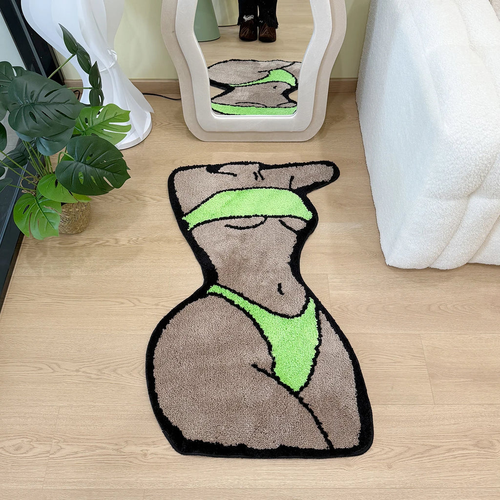 Green Bikini Silhouette Rug – Modern Body Art Tufted Floor Mat for Bedroom or Studio Decor.