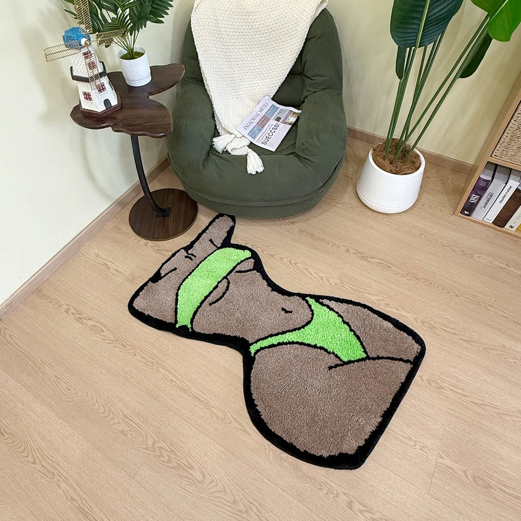 Green Bikini Silhouette Rug – Modern Body Art Tufted Floor Mat for Bedroom or Studio Decor.