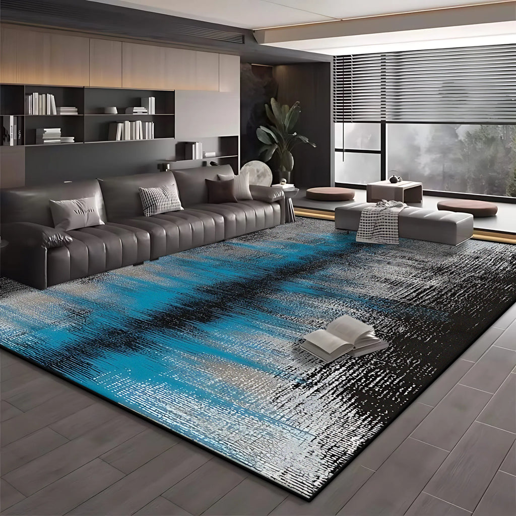 Modern Blue Black Minimalist Area Rug – Soft Washable Anti-Slip Carpet for Living Room & Bedroom