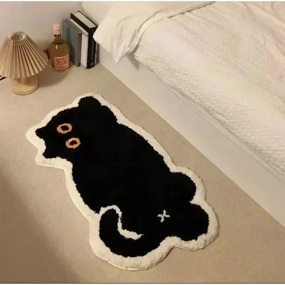 Black Cat Tufted Rug – Cute Kitty Floor Mat for Bedroom or Living Room.