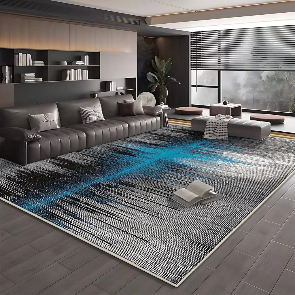 Modern Blue Black Minimalist Area Rug – Soft Washable Anti-Slip Carpet for Living Room & Bedroom