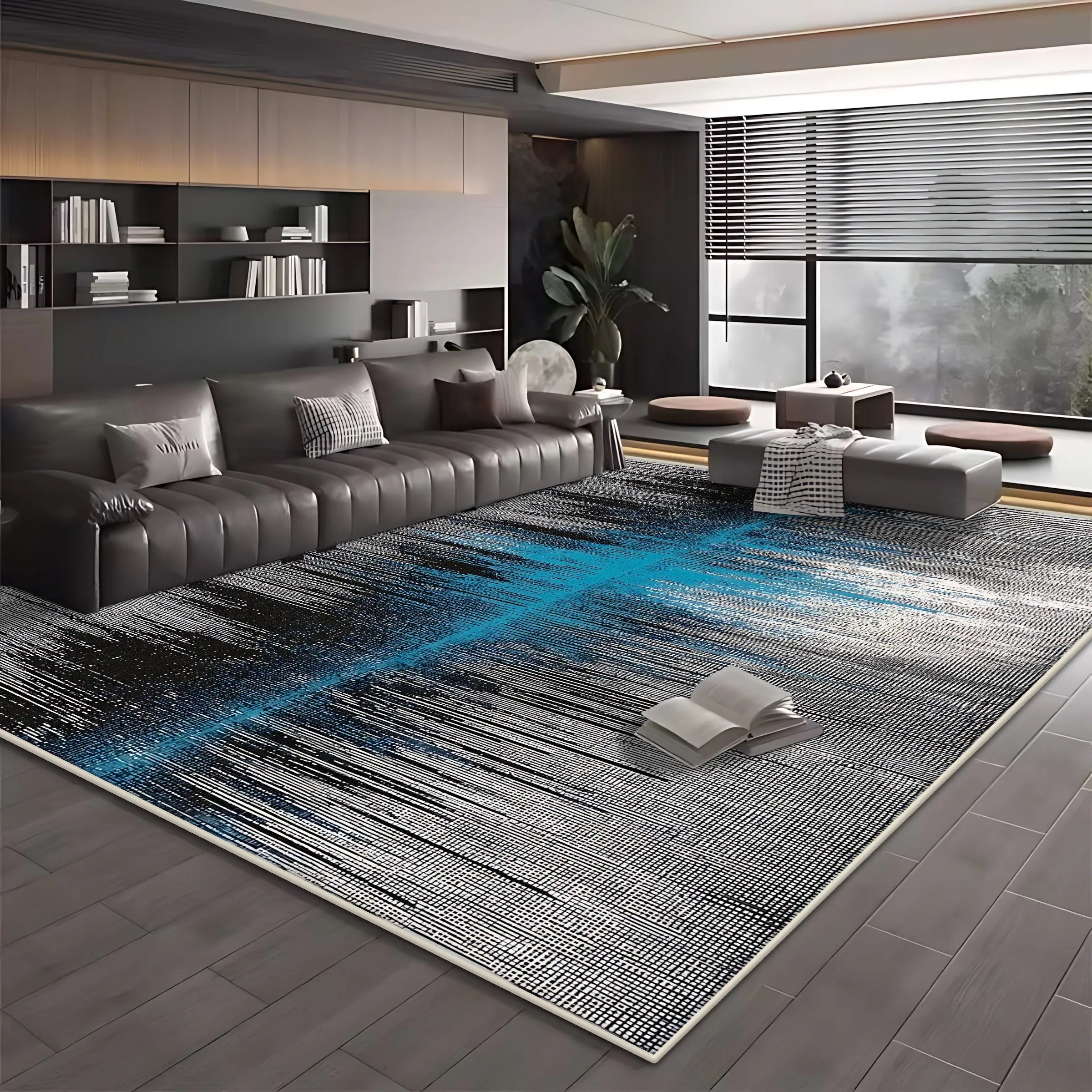 Modern Blue Black Minimalist Area Rug – Soft Washable Anti-Slip Carpet for Living Room & Bedroom