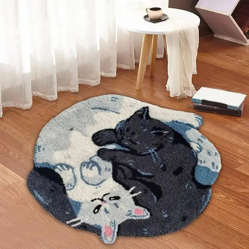 Yin Yang Cat Tufted Rug – Cute Black and White Kitty Floor Mat for Bedroom or Living Room.