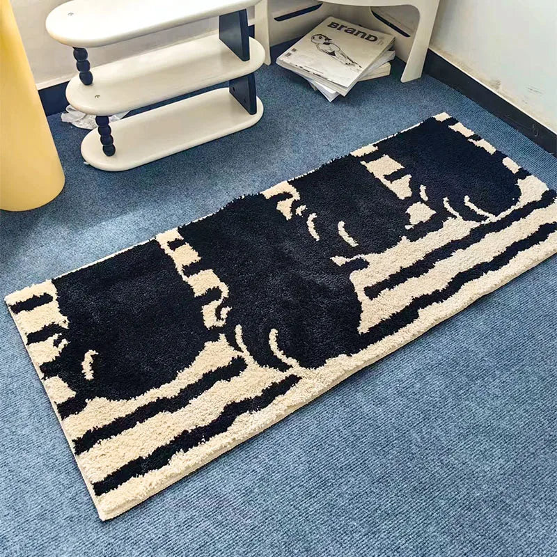 Cat Paw Tufted Rug – Black and Beige Animal Print Floor Mat for Bedroom or Hallway.