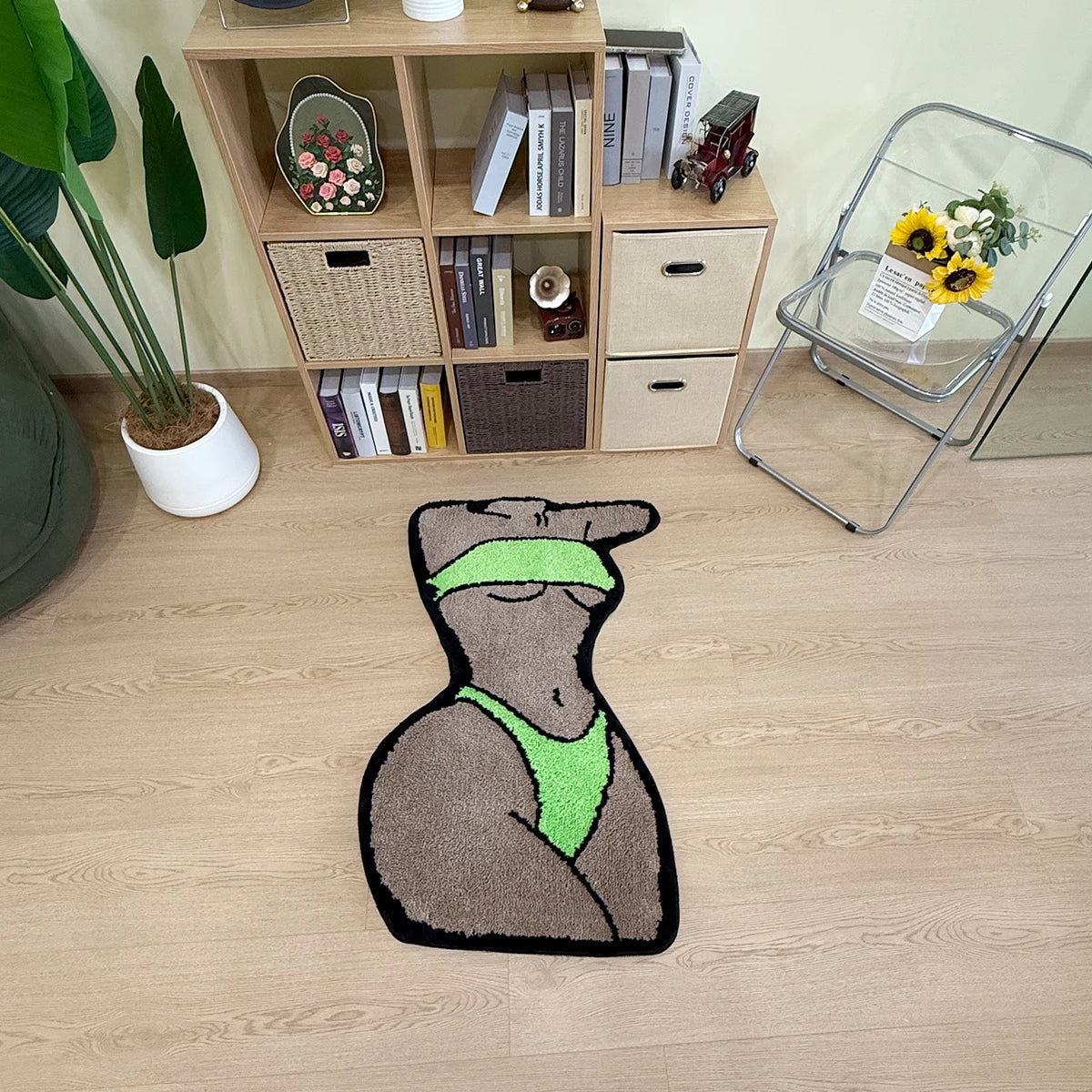 Green Bikini Silhouette Rug – Modern Body Art Tufted Floor Mat for Bedroom or Studio Decor.