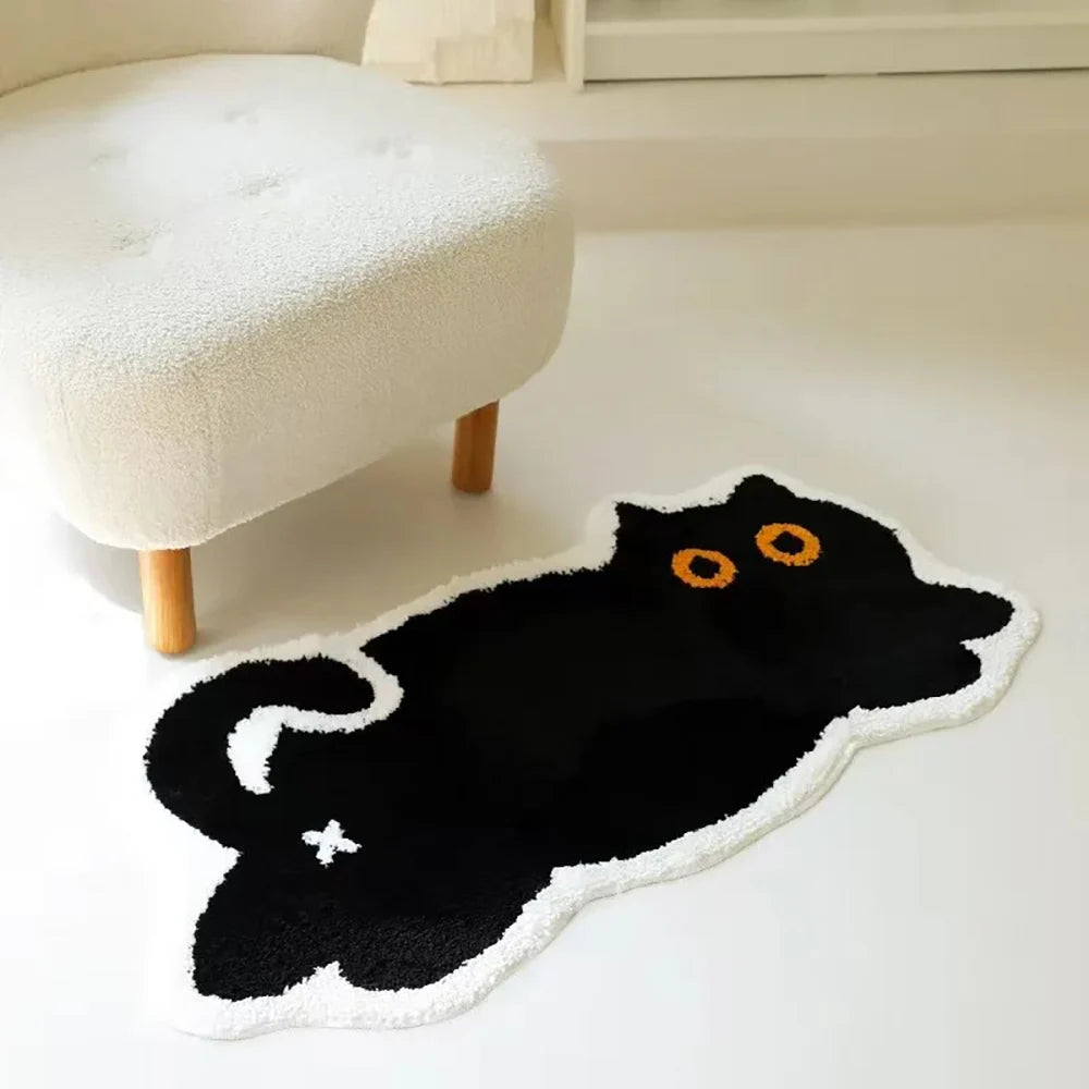 Black Cat Tufted Rug – Cute Kitty Floor Mat for Bedroom or Living Room.