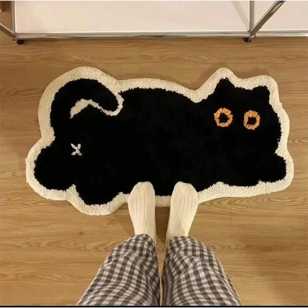 Black Cat Tufted Rug – Cute Kitty Floor Mat for Bedroom or Living Room.
