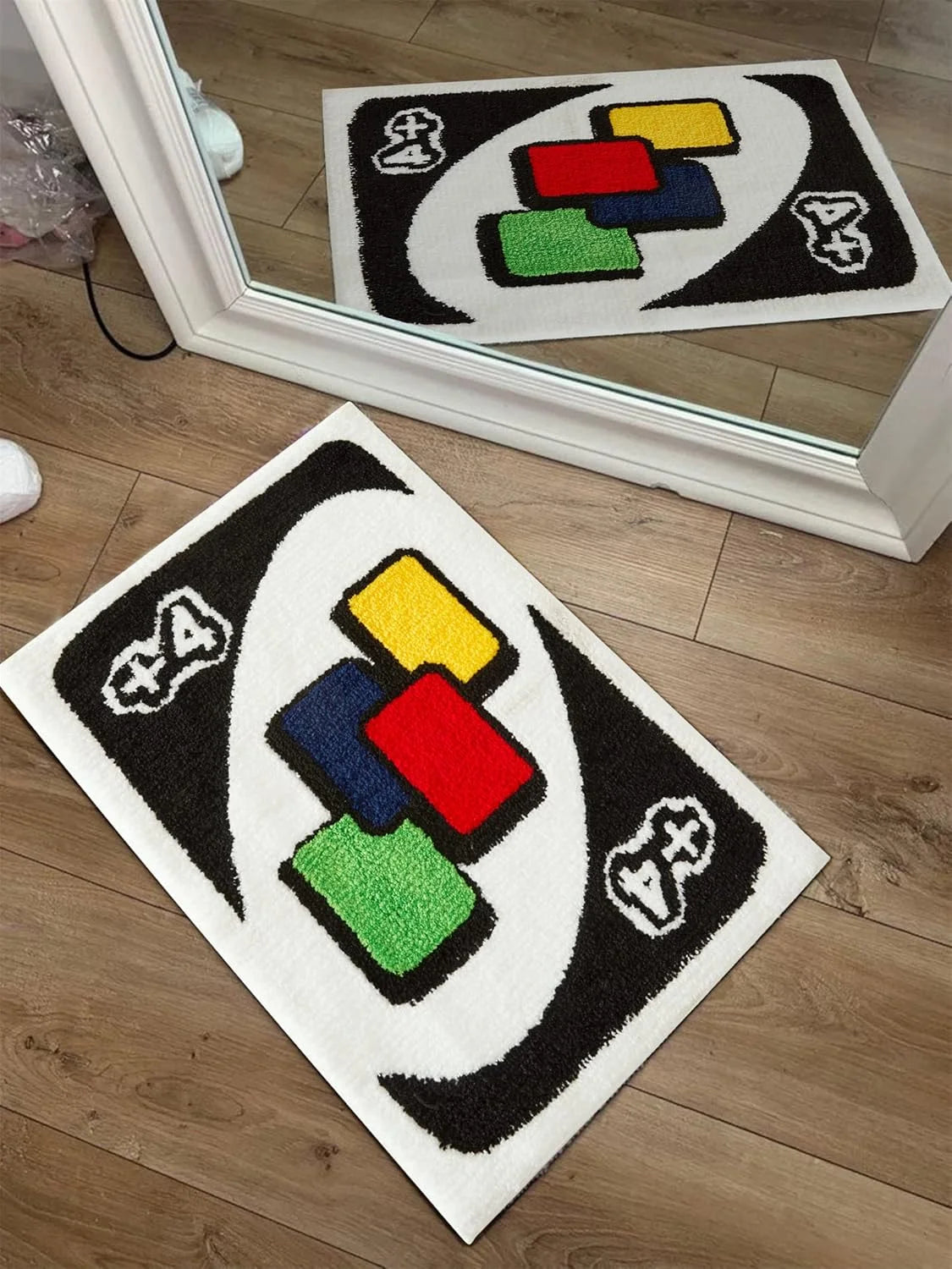 Uno Inspired Tufted Rug – Funny +4 Card Plush Floor Mat, Game Night Home Decor for Bedroom or Dorm