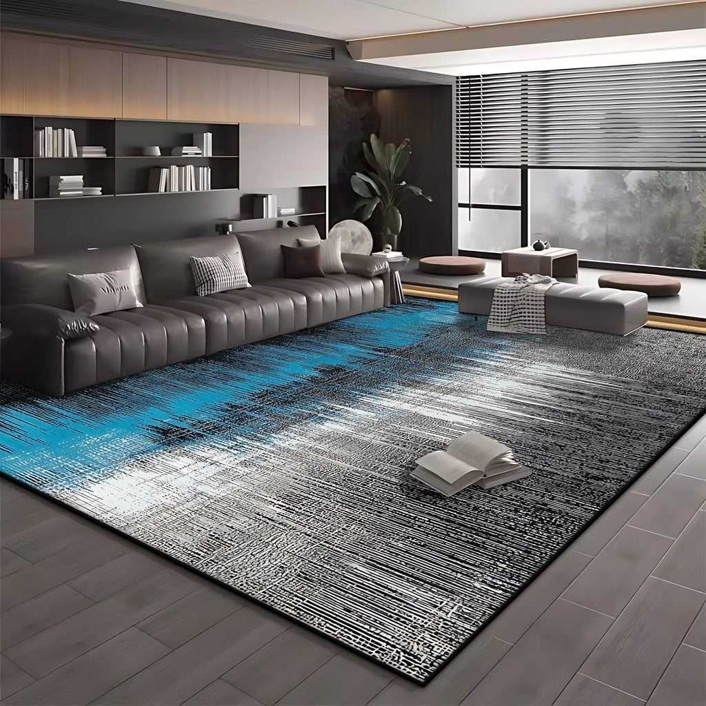 Modern Blue Black Minimalist Area Rug – Soft Washable Anti-Slip Carpet for Living Room & Bedroom