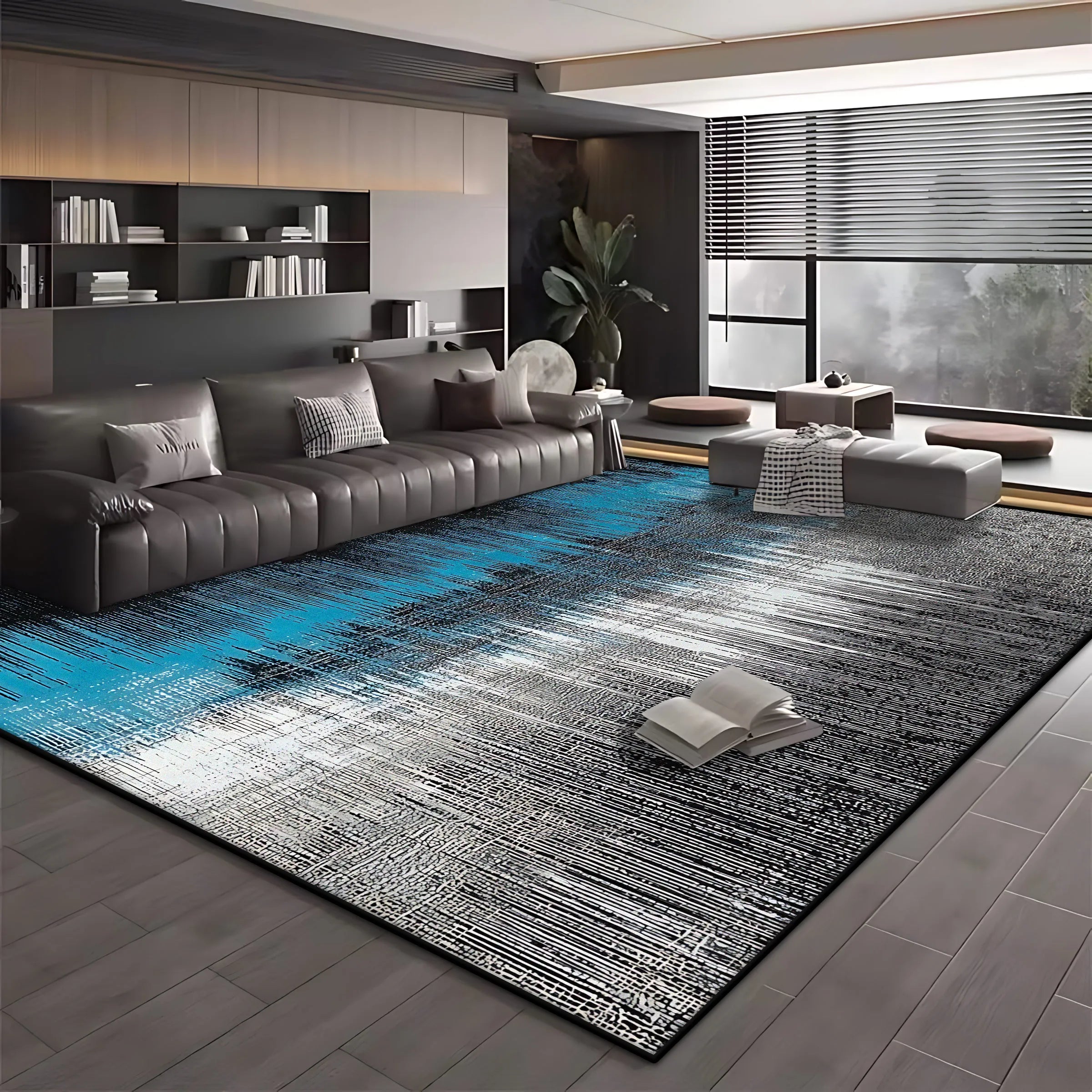 Modern Blue Black Minimalist Area Rug – Soft Washable Anti-Slip Carpet for Living Room & Bedroom