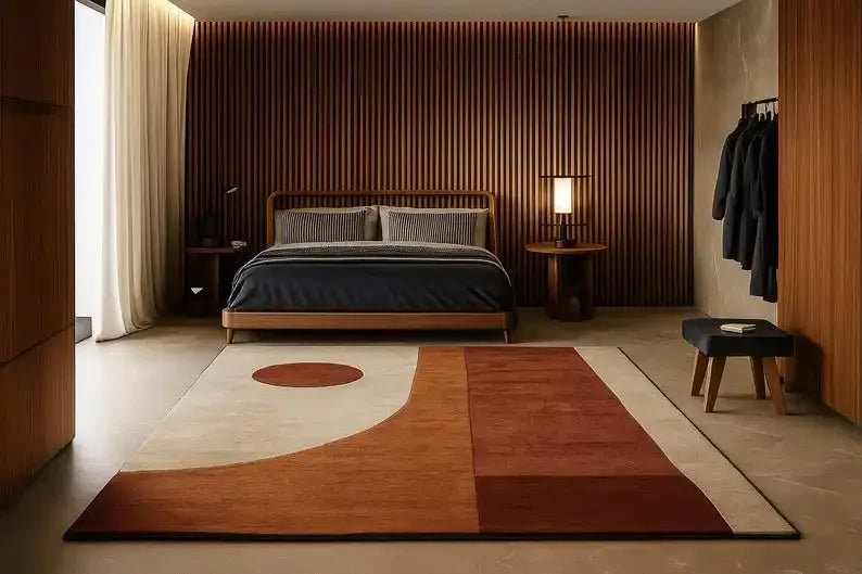 Mid-Century Abstract Geometric Rug – Minimalist Beige & Rust Modern Art Carpet