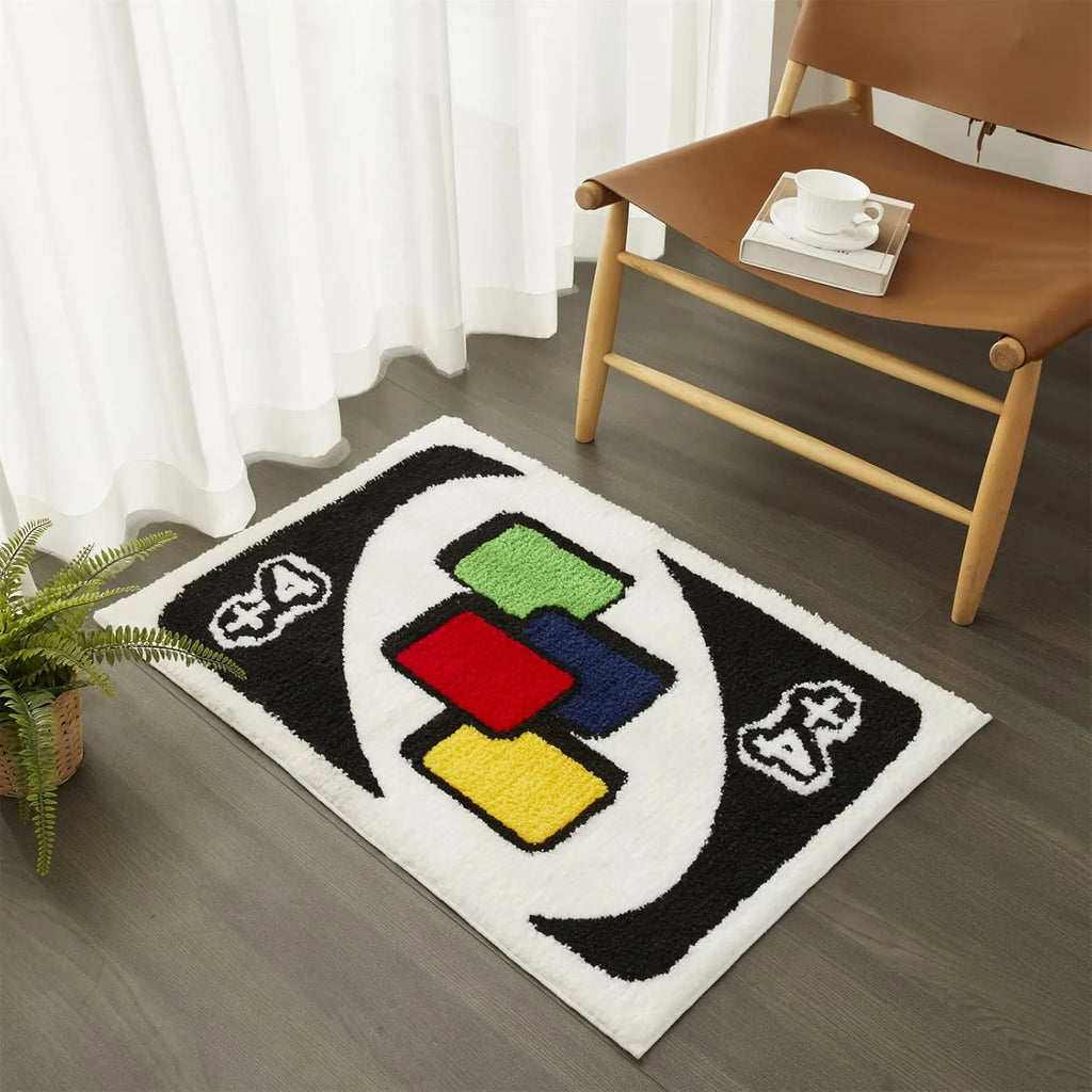 Uno Inspired Tufted Rug – Funny +4 Card Plush Floor Mat, Game Night Home Decor for Bedroom or Dorm