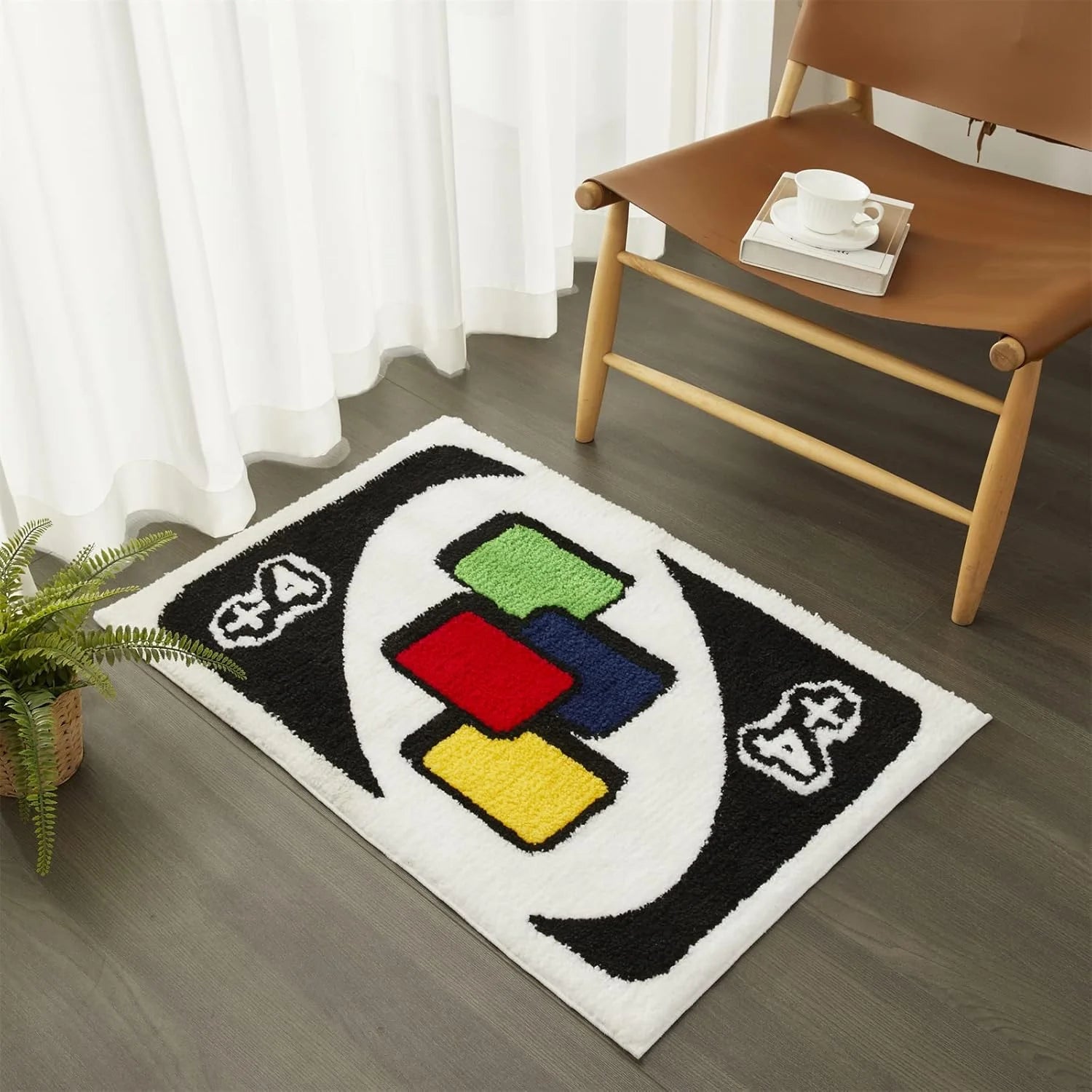 Uno Inspired Tufted Rug – Funny +4 Card Plush Floor Mat, Game Night Home Decor for Bedroom or Dorm
