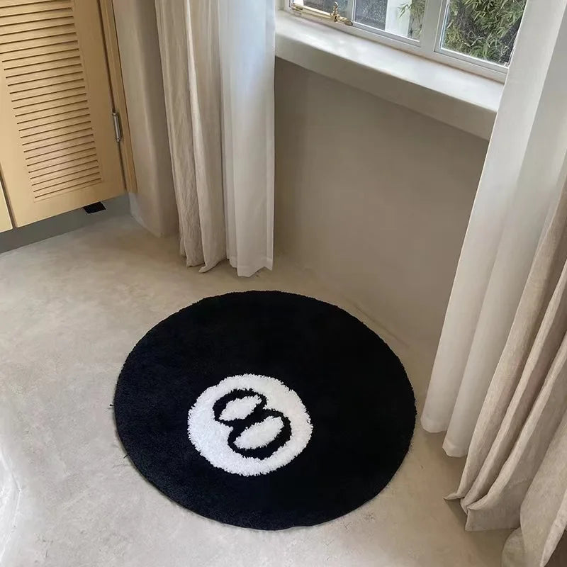 Black 8-Ball Plush Round Rug – Soft Anti-Slip Billiards Carpet for Bedroom & Living Room Home