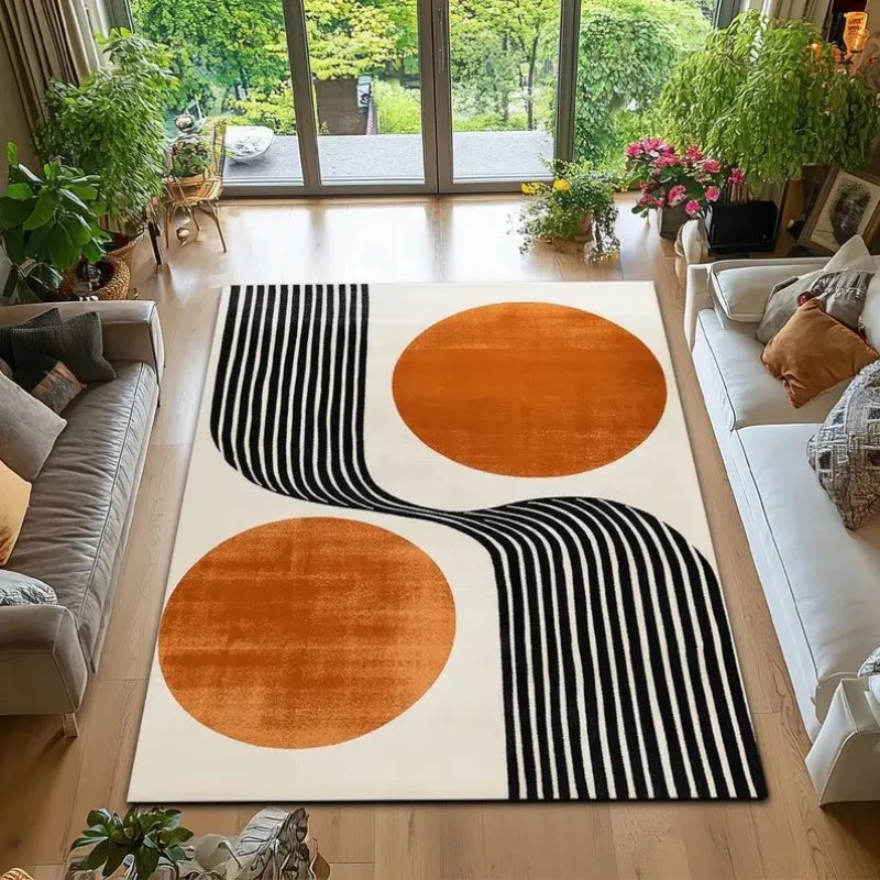 Solar Echoes GeoRug by Liora Hale — Retro Minimalist Orange Line Art Carpet