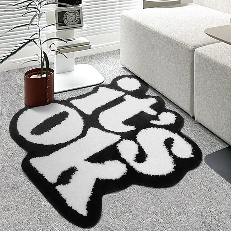 “It’s OK" Tufted Rug – Minimal Black and White Floor Mat for Bedroom or Studio