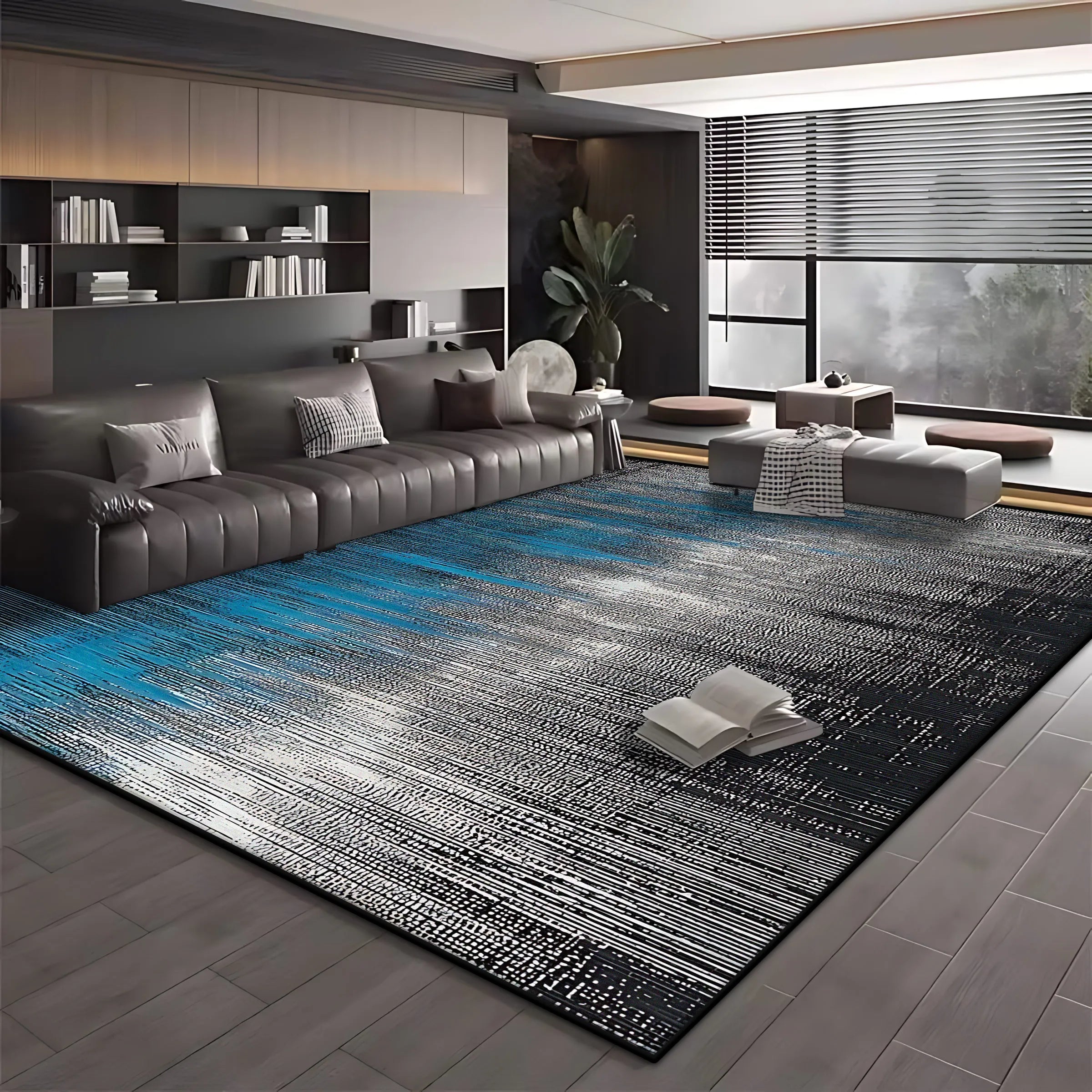 Modern Blue Black Minimalist Area Rug – Soft Washable Anti-Slip Carpet for Living Room & Bedroom
