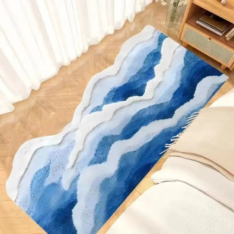 Ocean Wave Tufted Rug – Blue Abstract Floor Mat for Bedroom or Living Room
