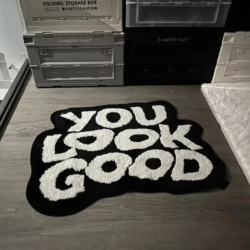 “You Look Good" Tufted Rug – Black and White Floor Mat for Bedroom or Bathroom