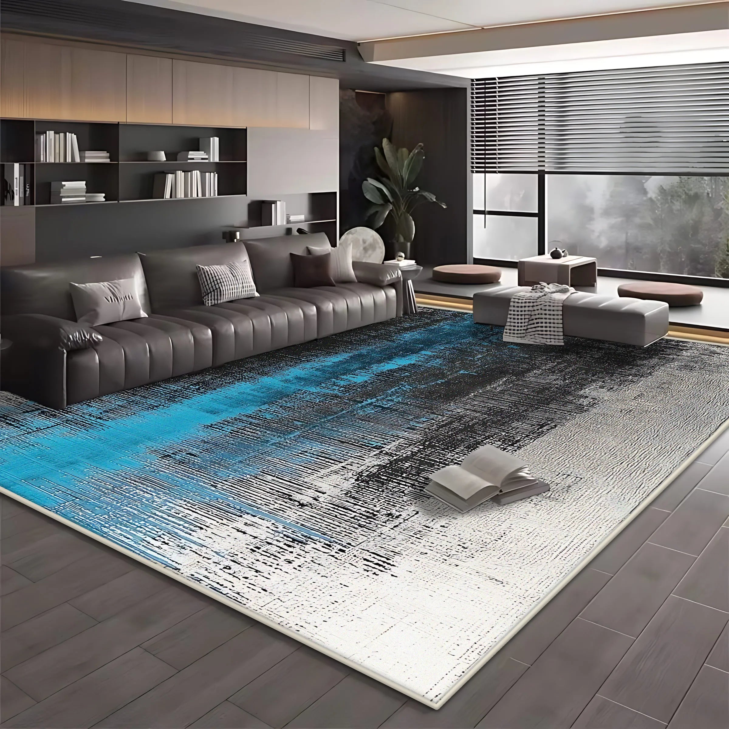 Modern Blue Black Minimalist Area Rug – Soft Washable Anti-Slip Carpet for Living Room & Bedroom