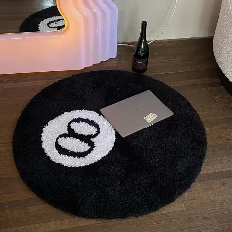 Black 8-Ball Plush Round Rug – Soft Anti-Slip Billiards Carpet for Bedroom & Living Room Home