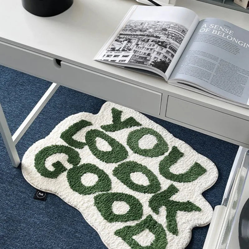 “You Look Good" Tufted Rug – Black and White Floor Mat for Bedroom or Bathroom