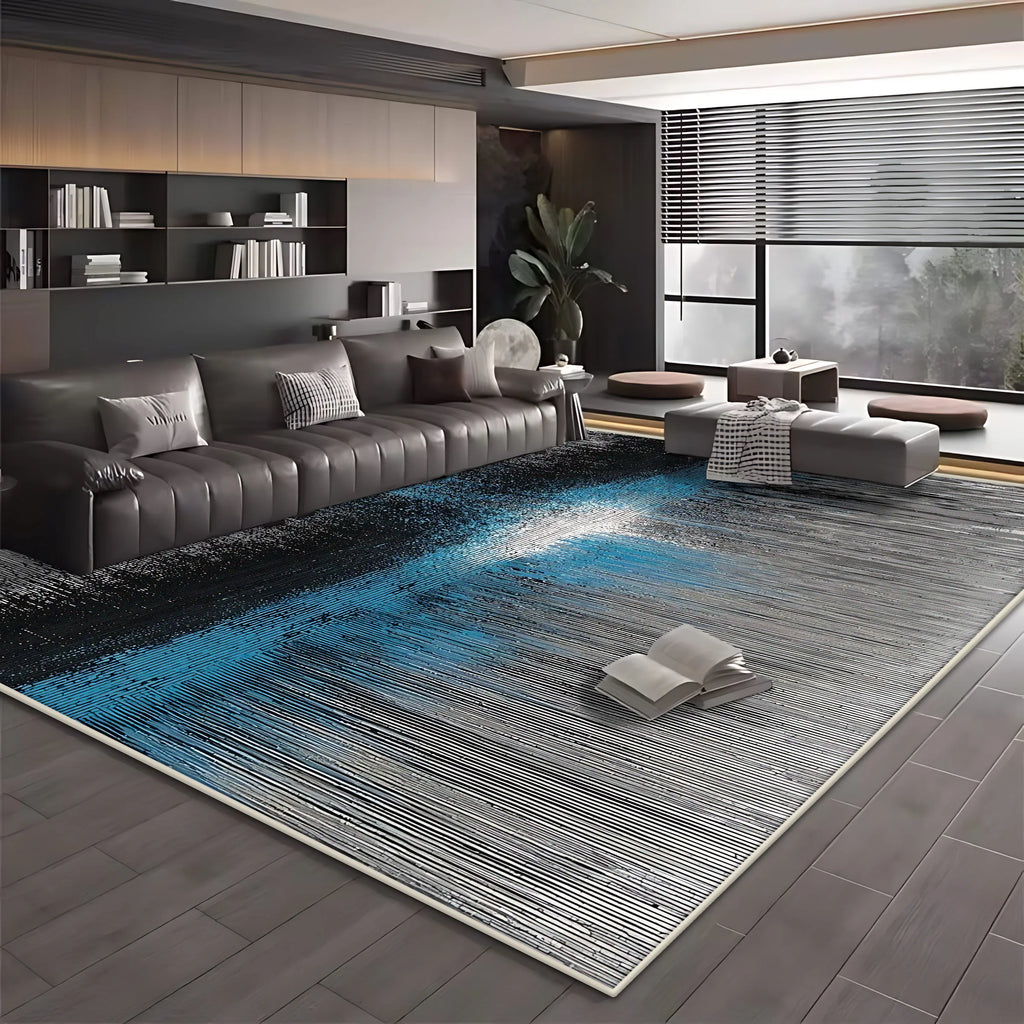 Modern Blue Black Minimalist Area Rug – Soft Washable Anti-Slip Carpet for Living Room & Bedroom