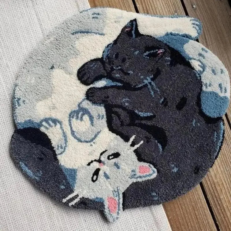 Yin Yang Cat Tufted Rug – Cute Black and White Kitty Floor Mat for Bedroom or Living Room.