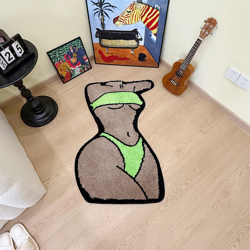 Green Bikini Silhouette Rug – Modern Body Art Tufted Floor Mat for Bedroom or Studio Decor.