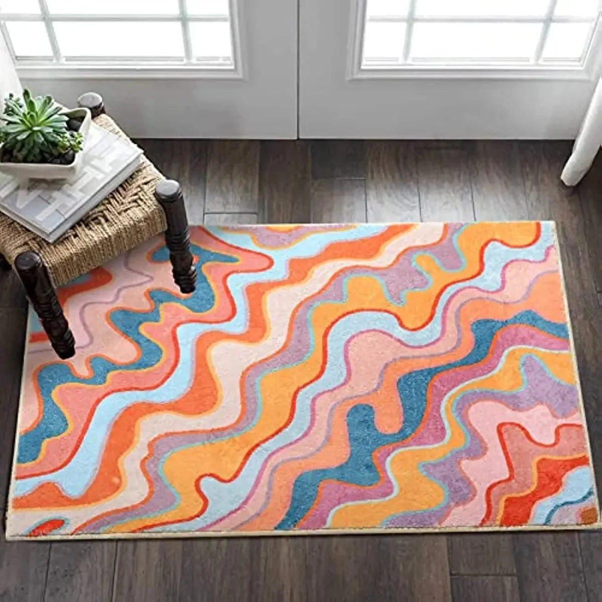 “Chromastream" Striped Vintage Rug by Liora Dane – Colorful Abstract Non-Slip Area Carpet