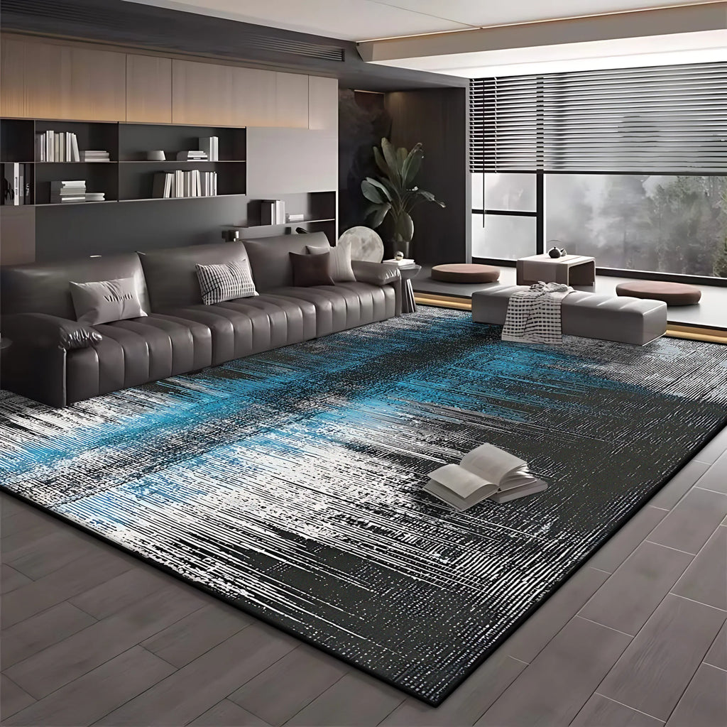 Modern Blue Black Minimalist Area Rug – Soft Washable Anti-Slip Carpet for Living Room & Bedroom