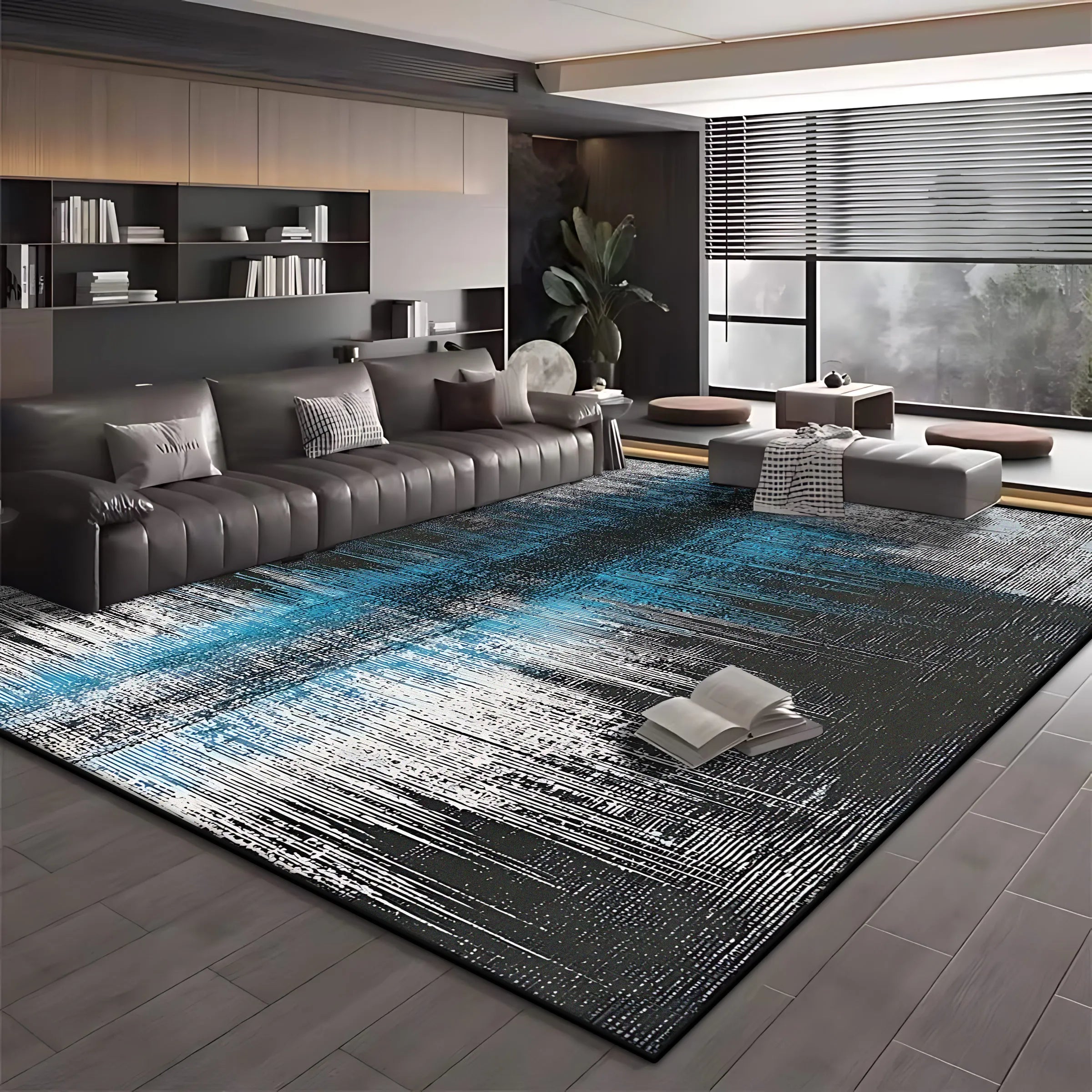 Modern Blue Black Minimalist Area Rug – Soft Washable Anti-Slip Carpet for Living Room & Bedroom