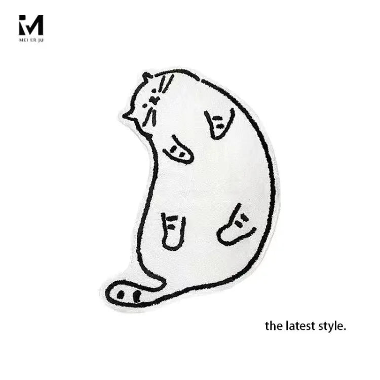 Minimal Cat Tufted Rug – Black and White Line Art Kitty Floor Mat for Bedroom or Bathroom.