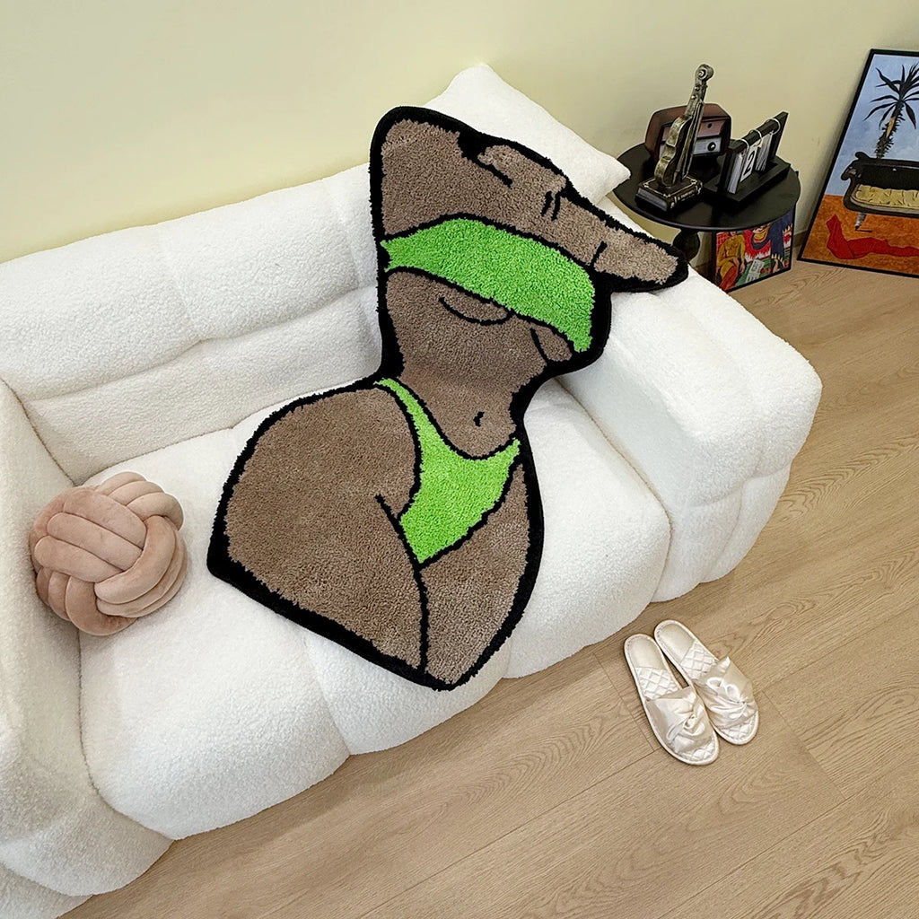 Green Bikini Silhouette Rug – Modern Body Art Tufted Floor Mat for Bedroom or Studio Decor.