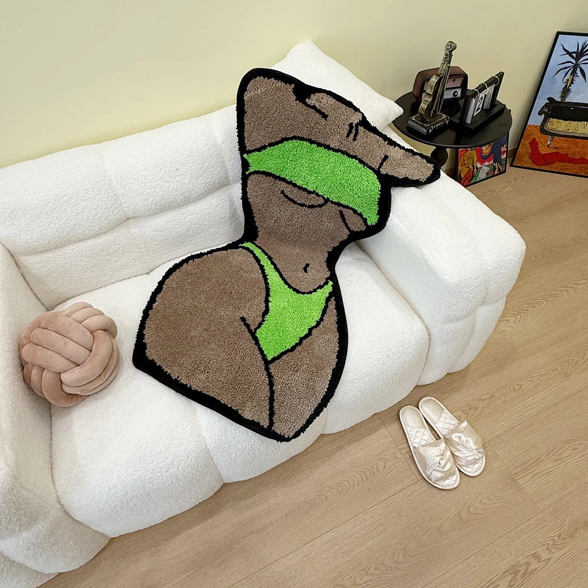 Green Bikini Silhouette Rug – Modern Body Art Tufted Floor Mat for Bedroom or Studio Decor.