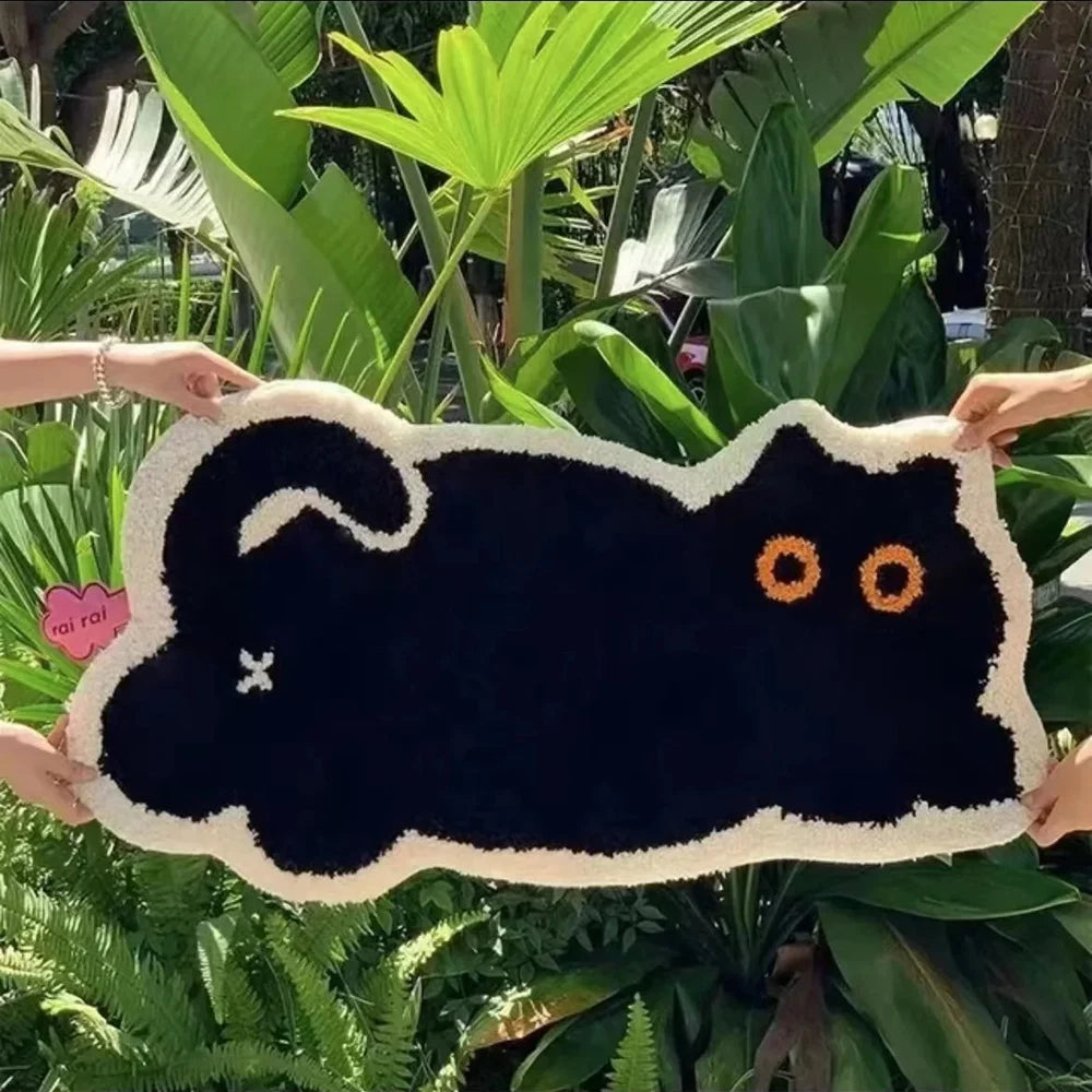 Black Cat Tufted Rug – Cute Kitty Floor Mat for Bedroom or Living Room.