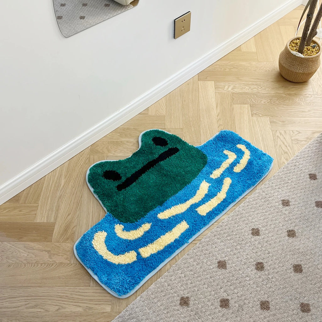 Frog Tufted Rug – Cute Green Cartoon Frog Floor Mat for Bathroom or Bedroom.