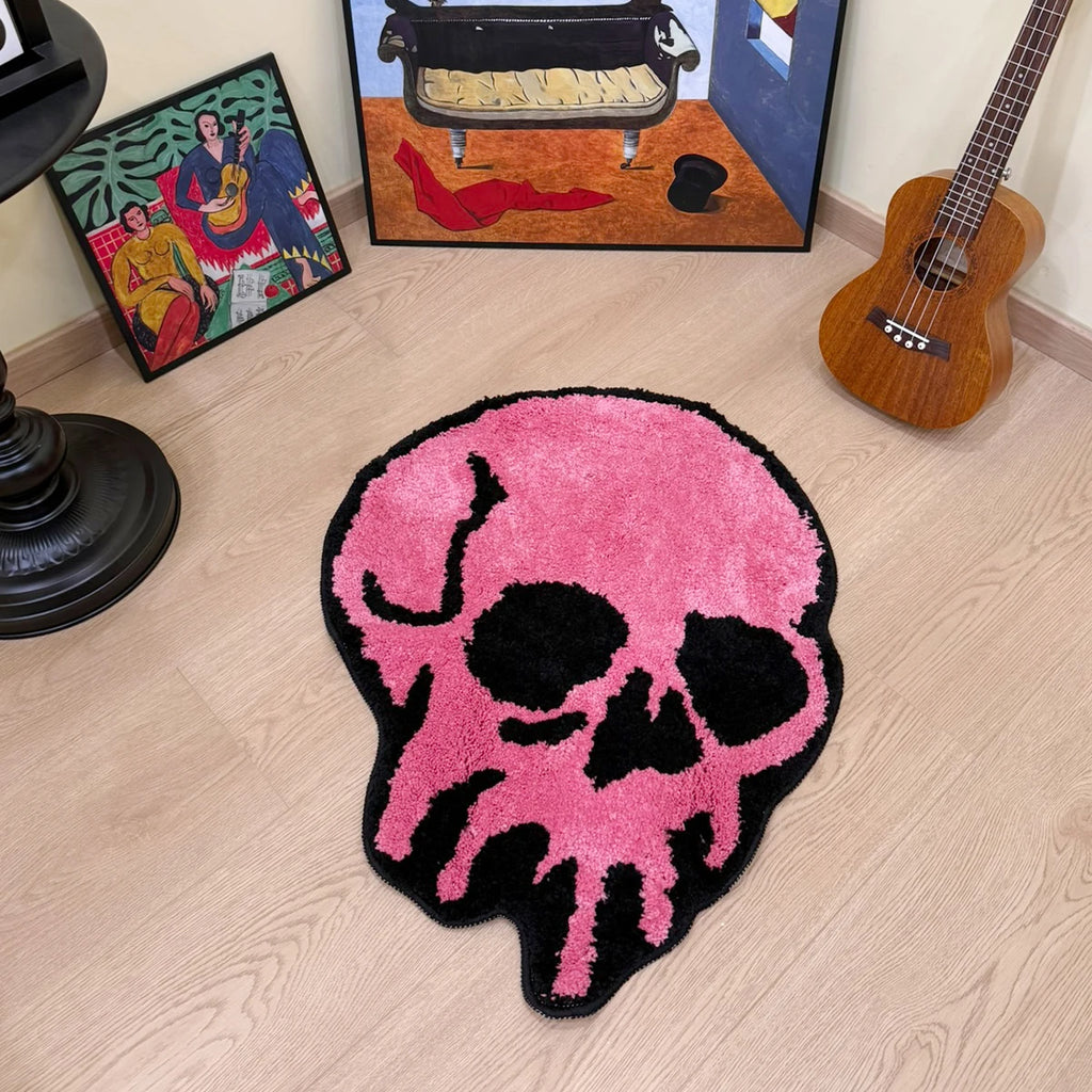 Pink Skull Shaped Tufted Rug, Gothic Aesthetic Home Decor, Non-Slip Floor Mat for Bedroom Living Room