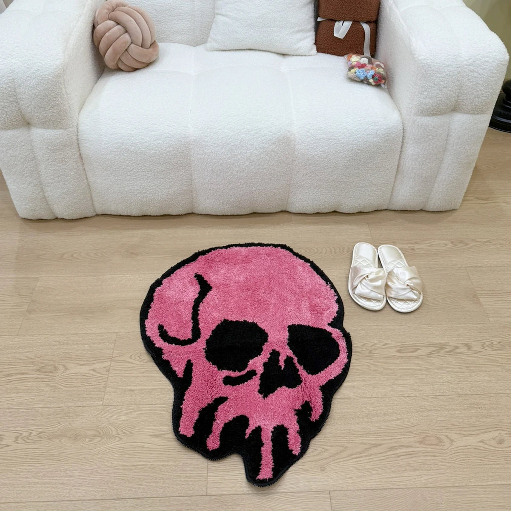 Pink Skull Shaped Tufted Rug, Gothic Aesthetic Home Decor, Non-Slip Floor Mat for Bedroom Living Room
