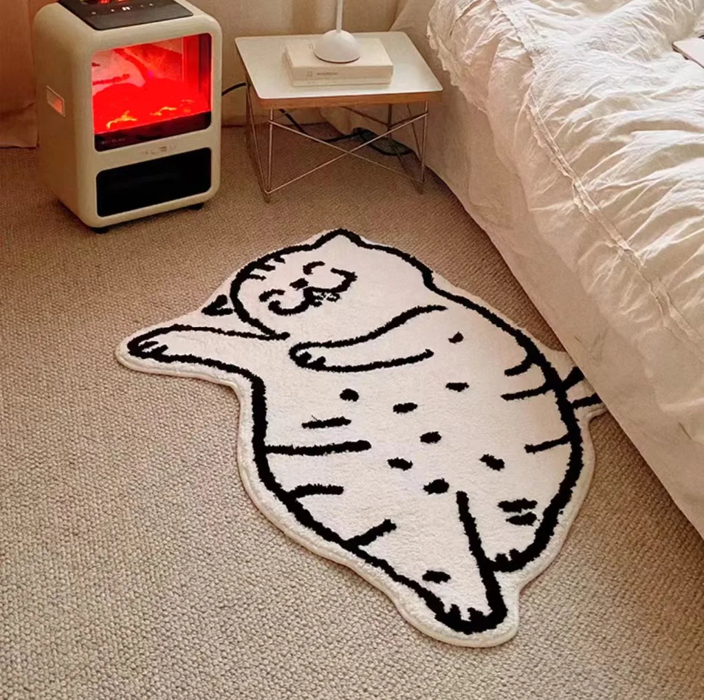 Happy Cat Tufted Rug – Cute Line Art Kitty Floor Mat for Bedroom or Living Room.