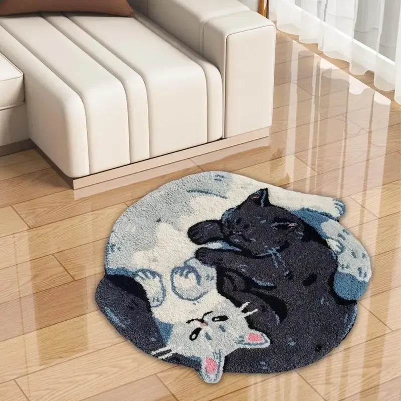 Yin Yang Cat Tufted Rug – Cute Black and White Kitty Floor Mat for Bedroom or Living Room.