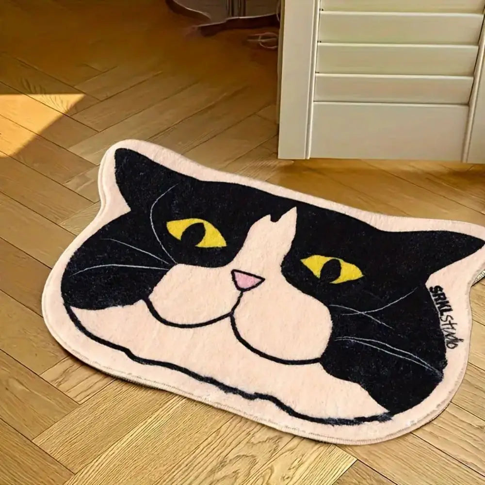 Cat Face Tufted Rug – Black and White Kitty Floor Mat for Bedroom