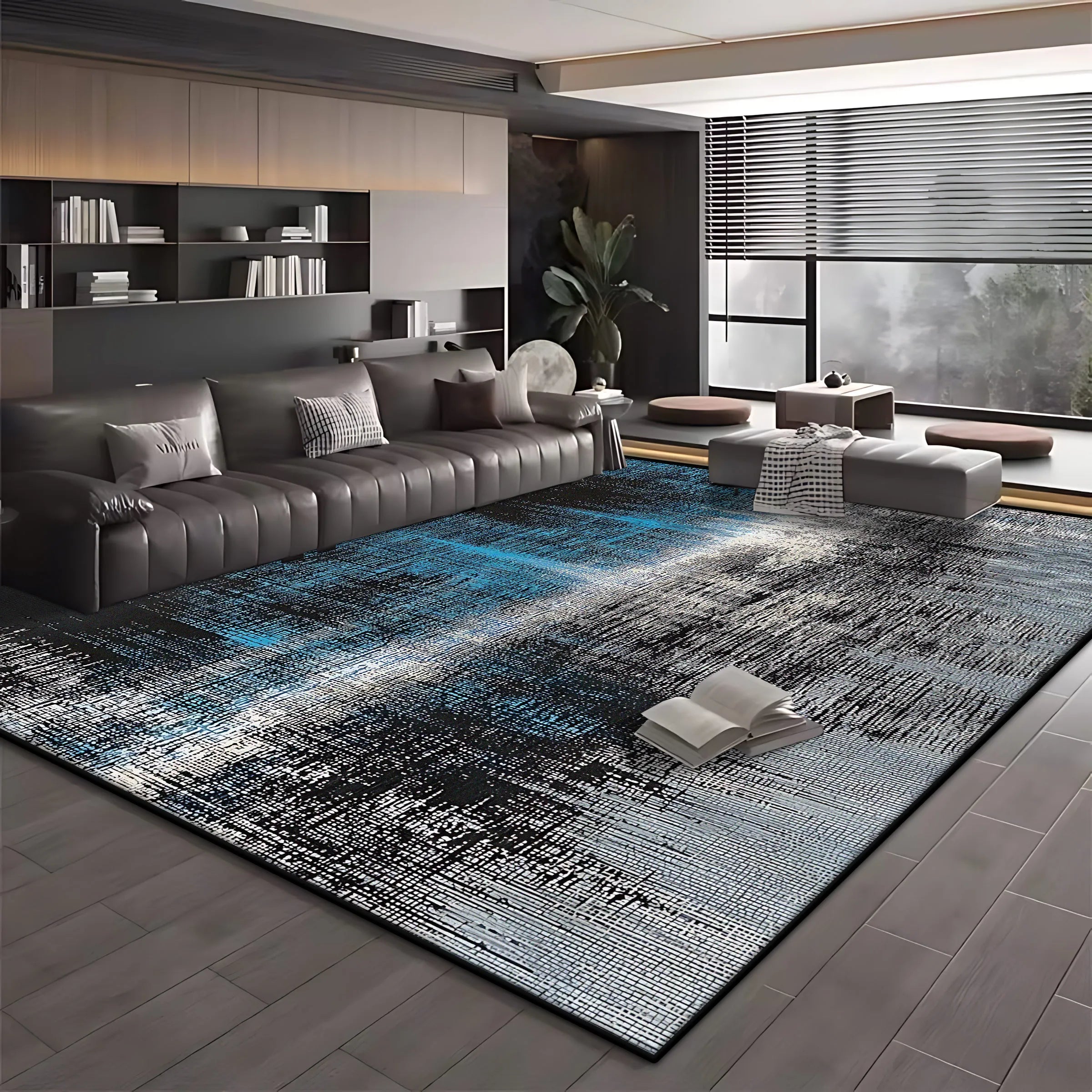 Modern Blue Black Minimalist Area Rug – Soft Washable Anti-Slip Carpet for Living Room & Bedroom