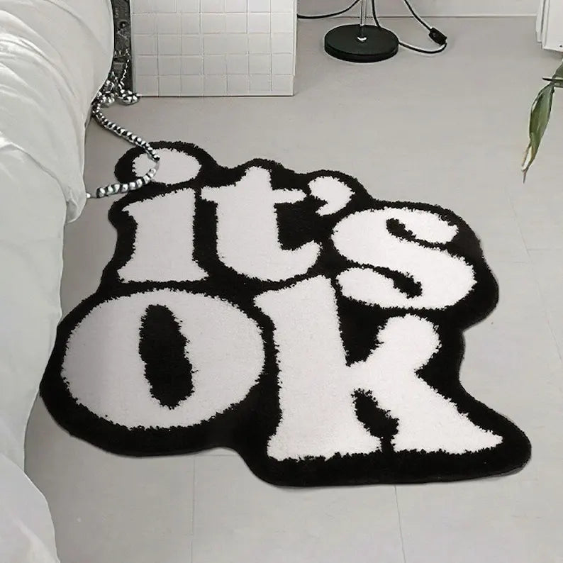“It’s OK" Tufted Rug – Minimal Black and White Floor Mat for Bedroom or Studio
