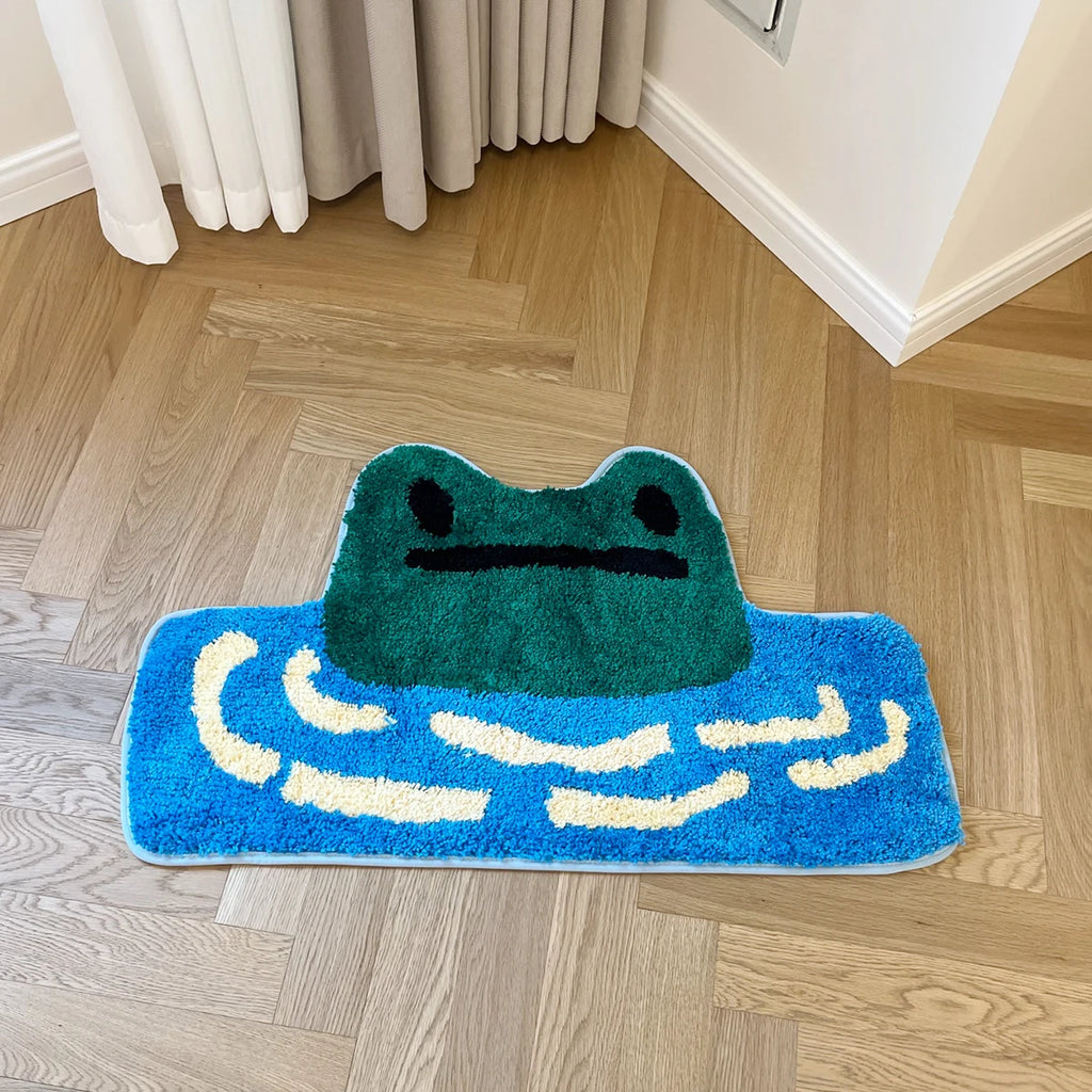 Frog Tufted Rug – Cute Green Cartoon Frog Floor Mat for Bathroom or Bedroom.