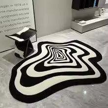 Wavy Optical Illusion Rug – Black and White Trippy Tufted Floor Mat for Modern Bedroom or Studio.
