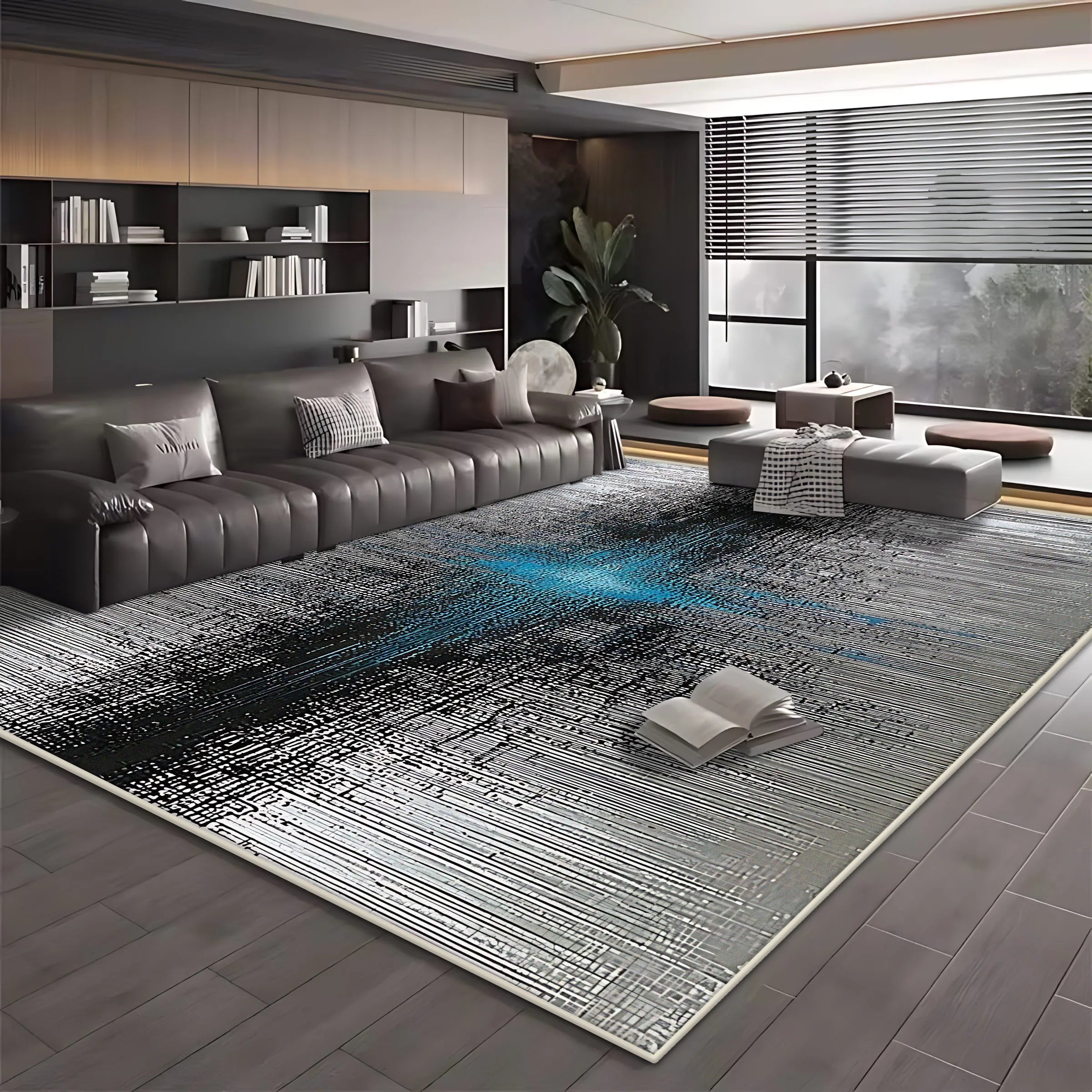 Modern Blue Black Minimalist Area Rug – Soft Washable Anti-Slip Carpet for Living Room & Bedroom