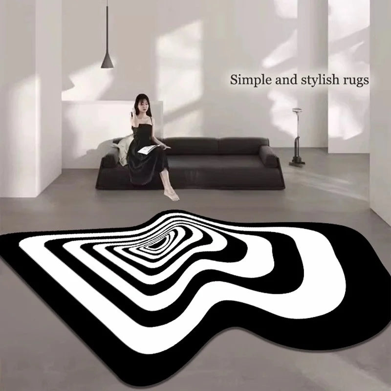 Wavy Optical Illusion Rug – Black and White Trippy Tufted Floor Mat for Modern Bedroom or Studio.